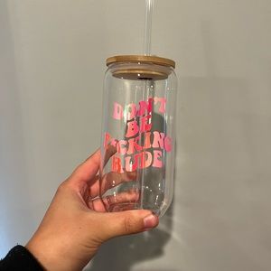 16oz don’t be f*cking rude glass cup with bamboo lid and glass straw